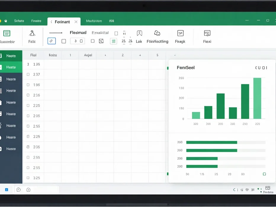 Flat vector illustration of a clean Excel program interface with a workbook grid, a sidebar of tool functions, and a cha