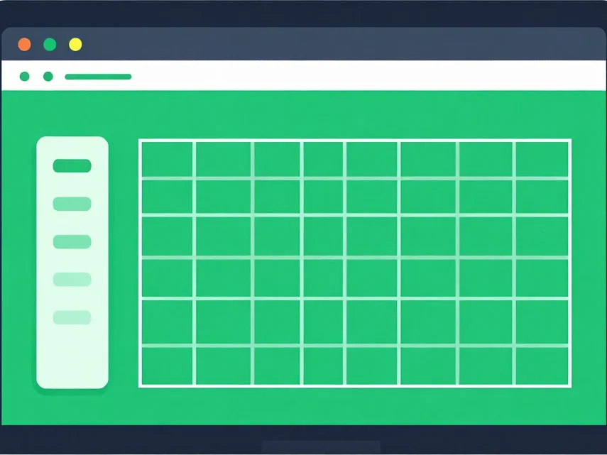 Flat vector interface mockup of a simple sales summary panel beside a workbook grid, restrained green and charcoal palet